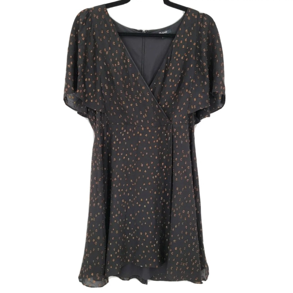 Madewell Women's 6 Black Gold Metallic Romantic Ruffle Sleeve Faux Wrap Dress